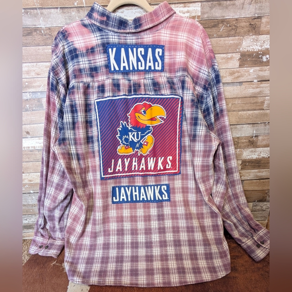 Kansas University Jayhawks Upcycled Dip Dye Bleached Flannel Shirt